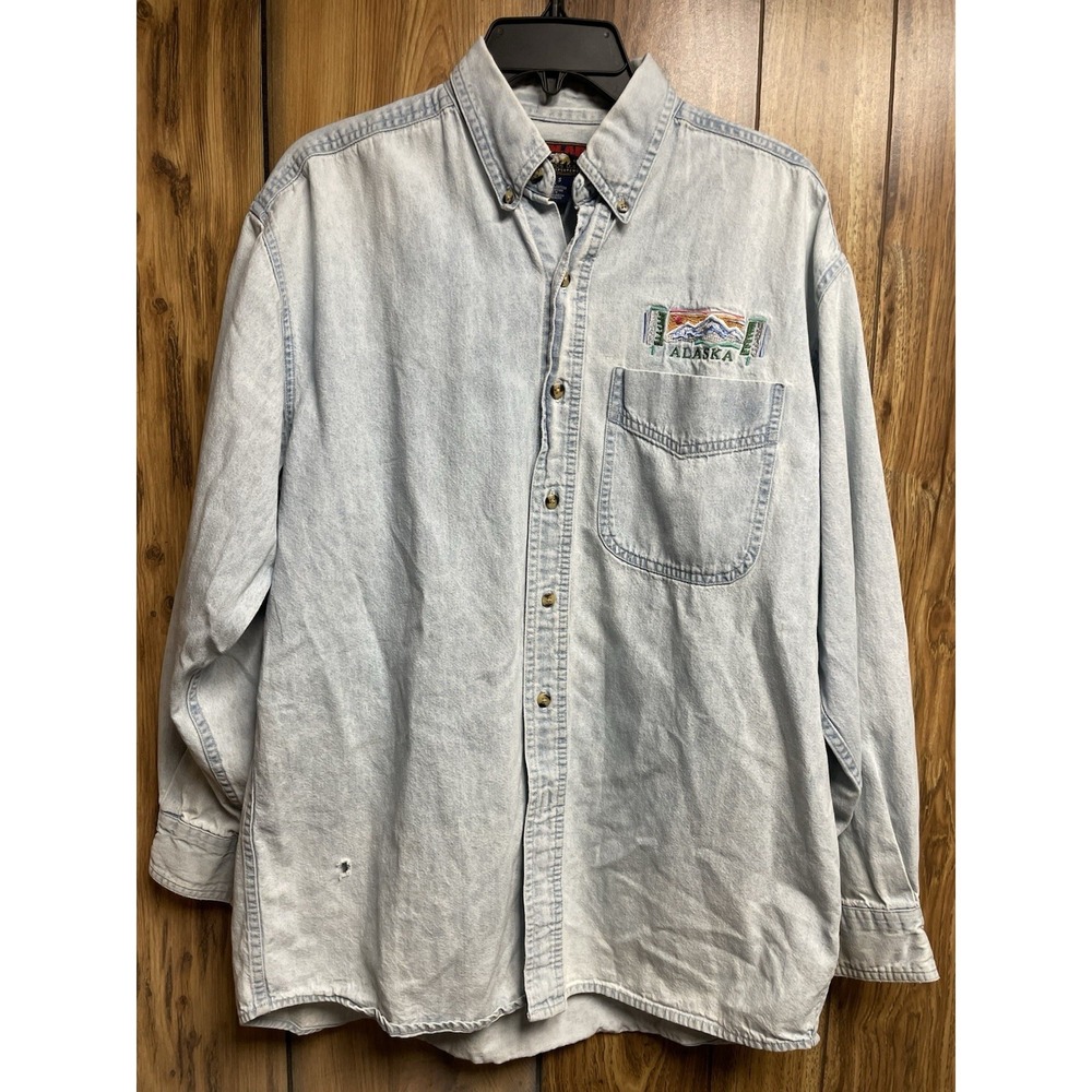 Polar Graphics Shirt Alaska Railroad Small‎ Denim Jean Button Down Long Sleeve